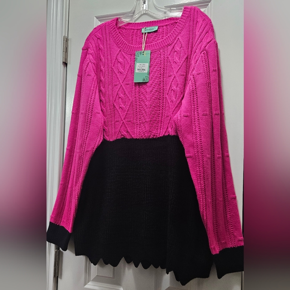 Vibrant Pink and Black Cable Knit Sweater